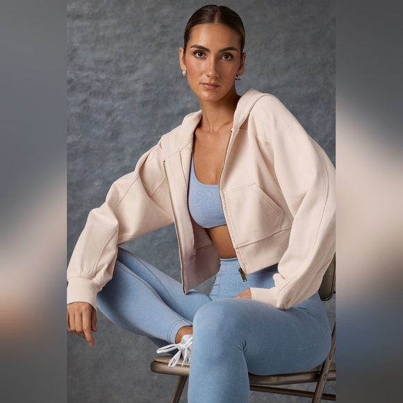 bo & tee Jackets & Blazers - Bo & Tee Zip-Up Cropped Hoodie in Washed Cream